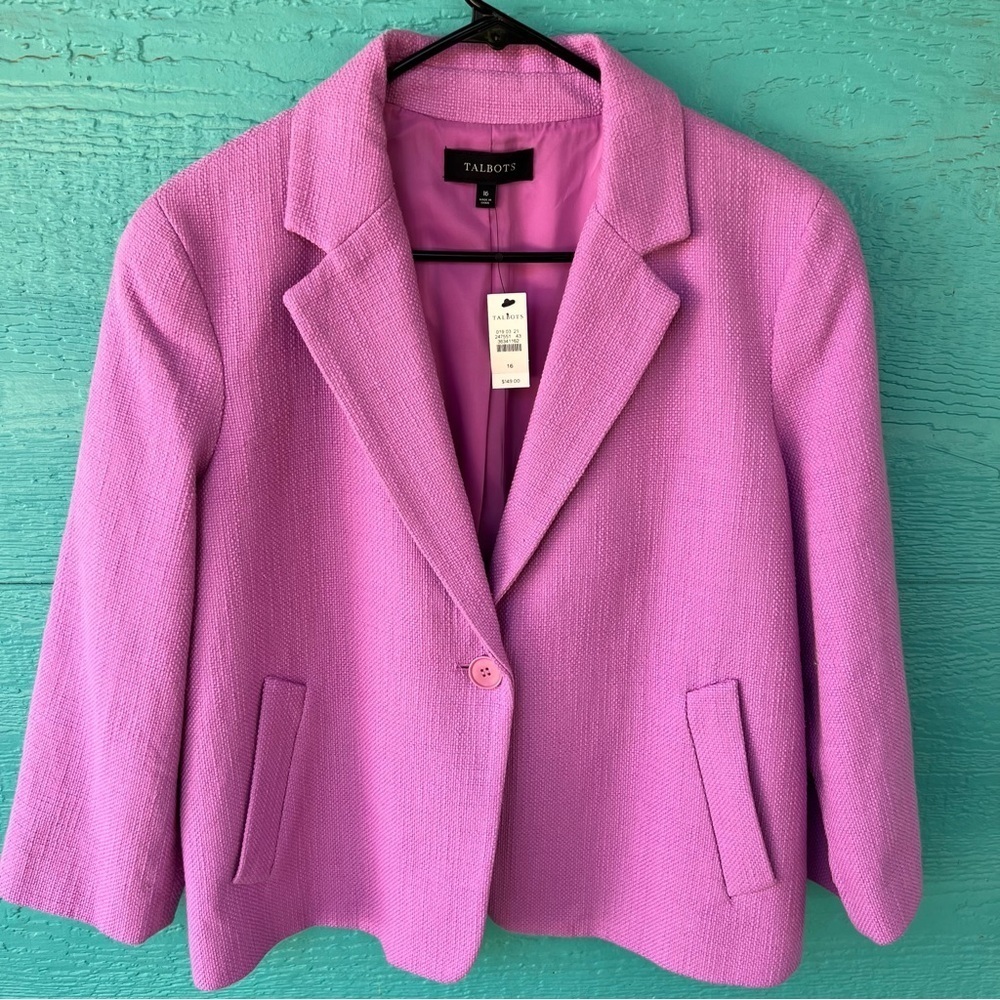 TALBOTS TEXTURED TWEED COTTON LAVENDER PINK BOXY BLAZER JACKET SIZE 16 NWT